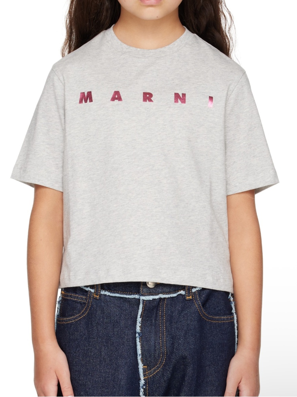 Marni Light Gray Kids Short-Sleeve Tee with Pink Logo